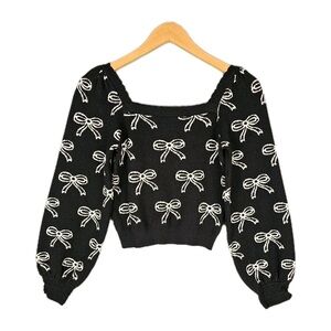 Knit Bow Print Square Neck Long Sleeve Sweater